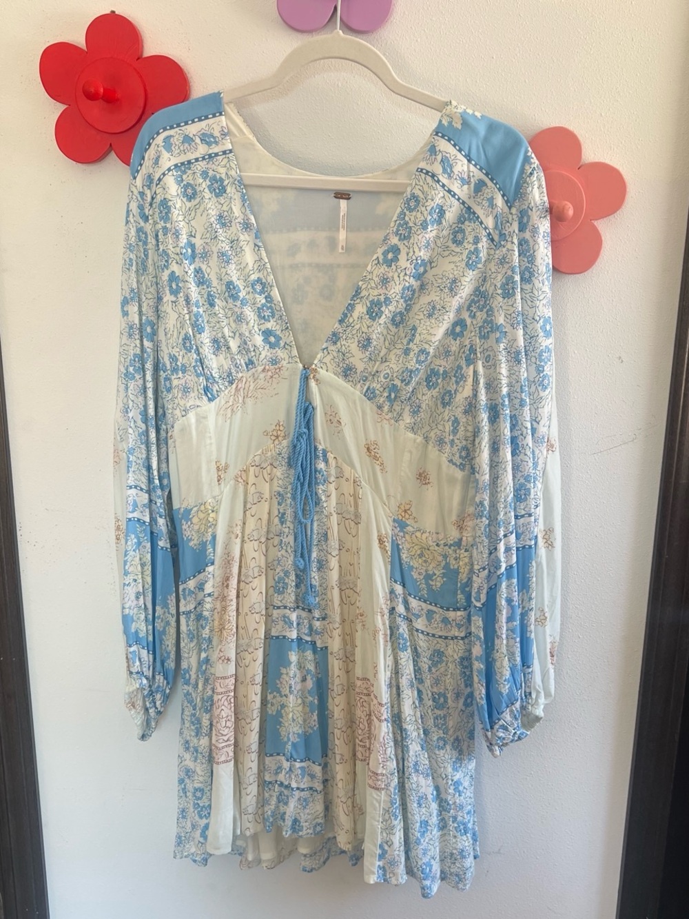 Free People Light Blue and Cream Long Sleeve Boho Mini Dress